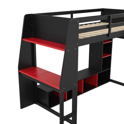Gaming Loft Bed With Desk, Multi Storage Shelves, LED Lighting, And Hanging Clothes Rack - The Sleep Loft - Online Mattress Showroom NYC