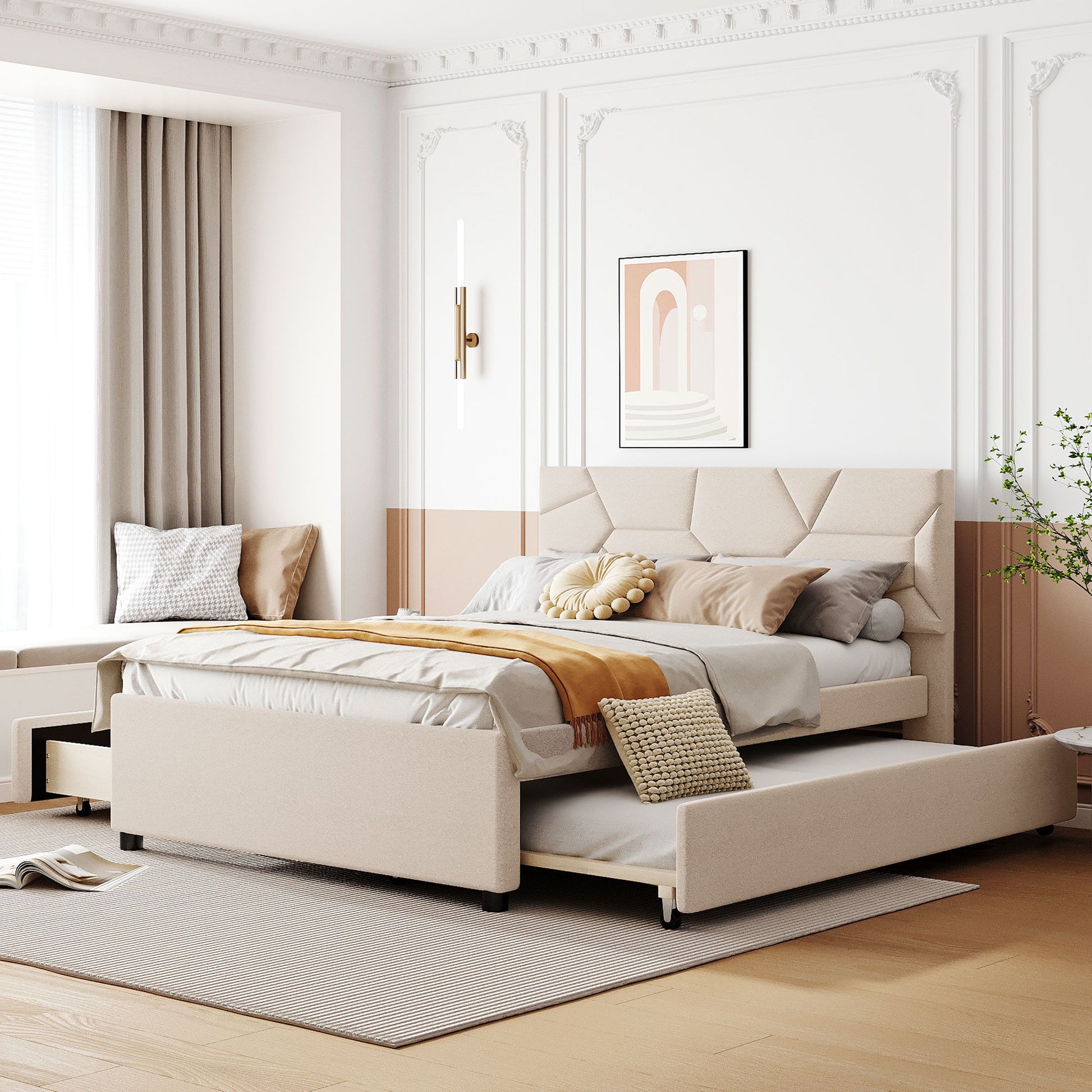 Upholstered Platform Bed With Brick Pattern Headboard And Twin Long Size Trundle - The Sleep Loft - Online Mattress Showroom NYC