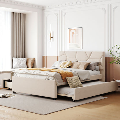 Upholstered Platform Bed With Brick Pattern Headboard And Twin Long Size Trundle - The Sleep Loft - Online Mattress Showroom NYC
