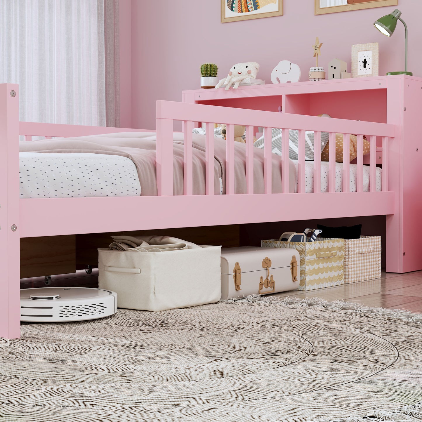 Bed With Headboard Storage Rack, 2 Under Bed Drawers, 3 Side Guardrails For Safety - The Sleep Loft - Online Mattress Showroom NYC