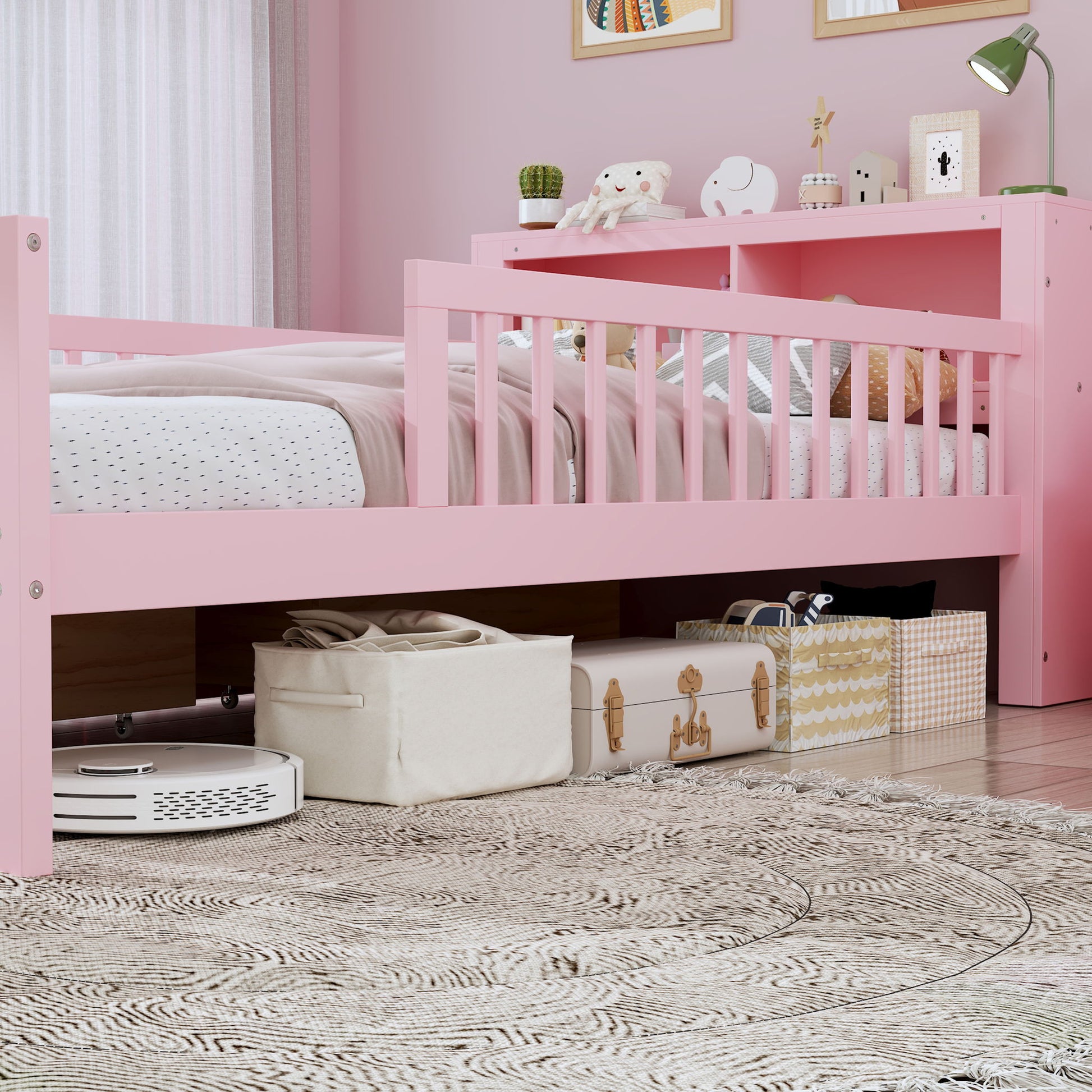 Bed With Headboard Storage Rack, 2 Under Bed Drawers, 3 Side Guardrails For Safety - The Sleep Loft - Online Mattress Showroom NYC