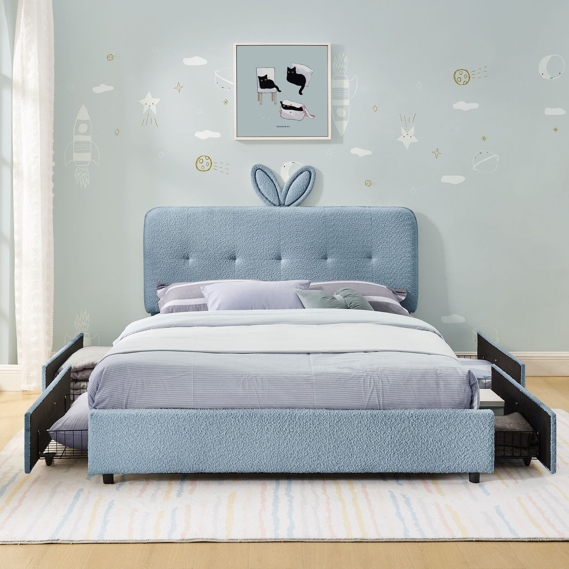 Upholstered Bed With Oversized Rabbit Ear Headboard, LED Lights & 4 Storage Drawers - The Sleep Loft - Online Mattress Showroom NYC