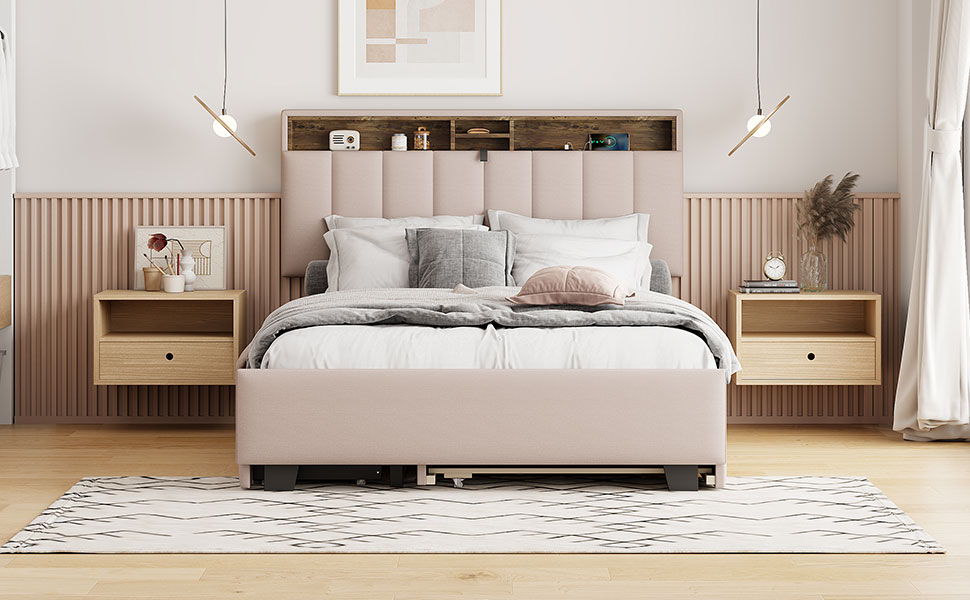 Upholstered Platform Bed With Storage Headboard, Trundle & 2 Drawers And A Set Of Sockets & USB Ports - The Sleep Loft - Online Mattress Showroom NYC