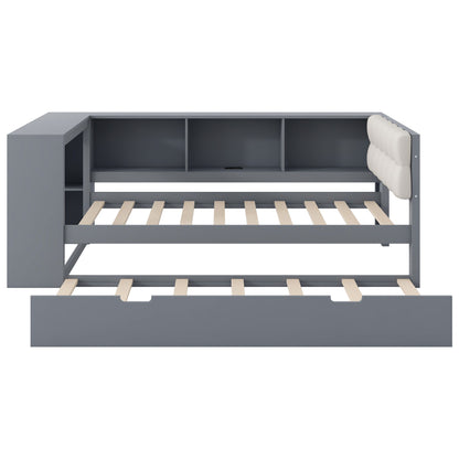 Upholstered Headboard Platform Bed With Storage Shelves, Trundle, Charging Station - The Sleep Loft - Online Mattress Showroom NYC
