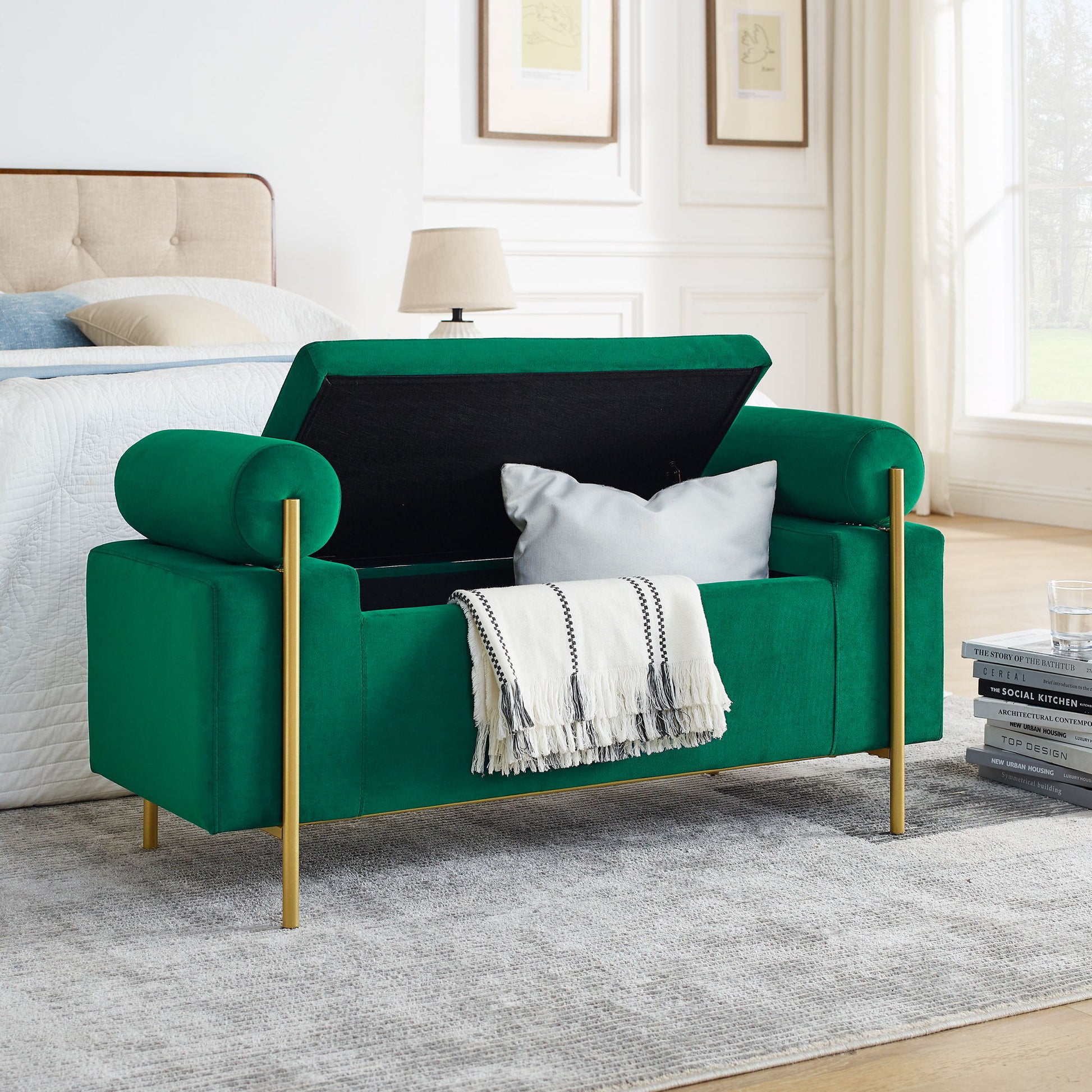 Elegant Upholstered Storage Bench With Cylindrical Arms And Iron Legs, - The Sleep Loft - Online Mattress Showroom NYC