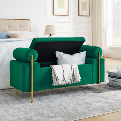 Elegant Upholstered Storage Bench With Cylindrical Arms And Iron Legs, - The Sleep Loft - Online Mattress Showroom NYC