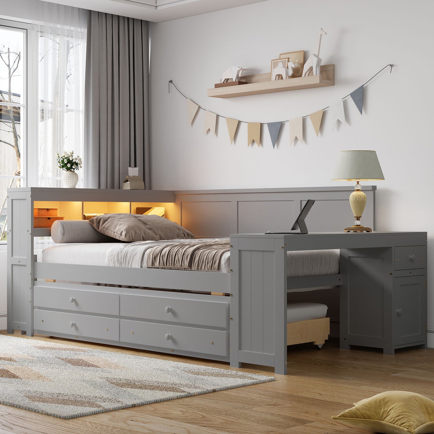 Daybed With Storage Shelves, Drawers, Trundle, Charging Station, LED Light, Desk And Cabinet - The Sleep Loft - Online Mattress Showroom NYC