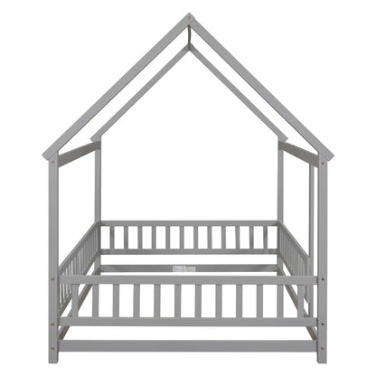 Floor Wooden Bed With House Roof Frame, Fence Guardrails - The Sleep Loft - Online Mattress Showroom NYC