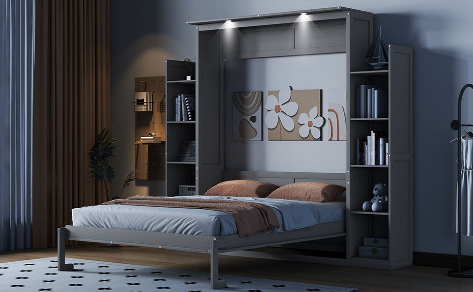 Wall Murphy Bed With Shelves And LED Lights - The Sleep Loft - Online Mattress Showroom NYC