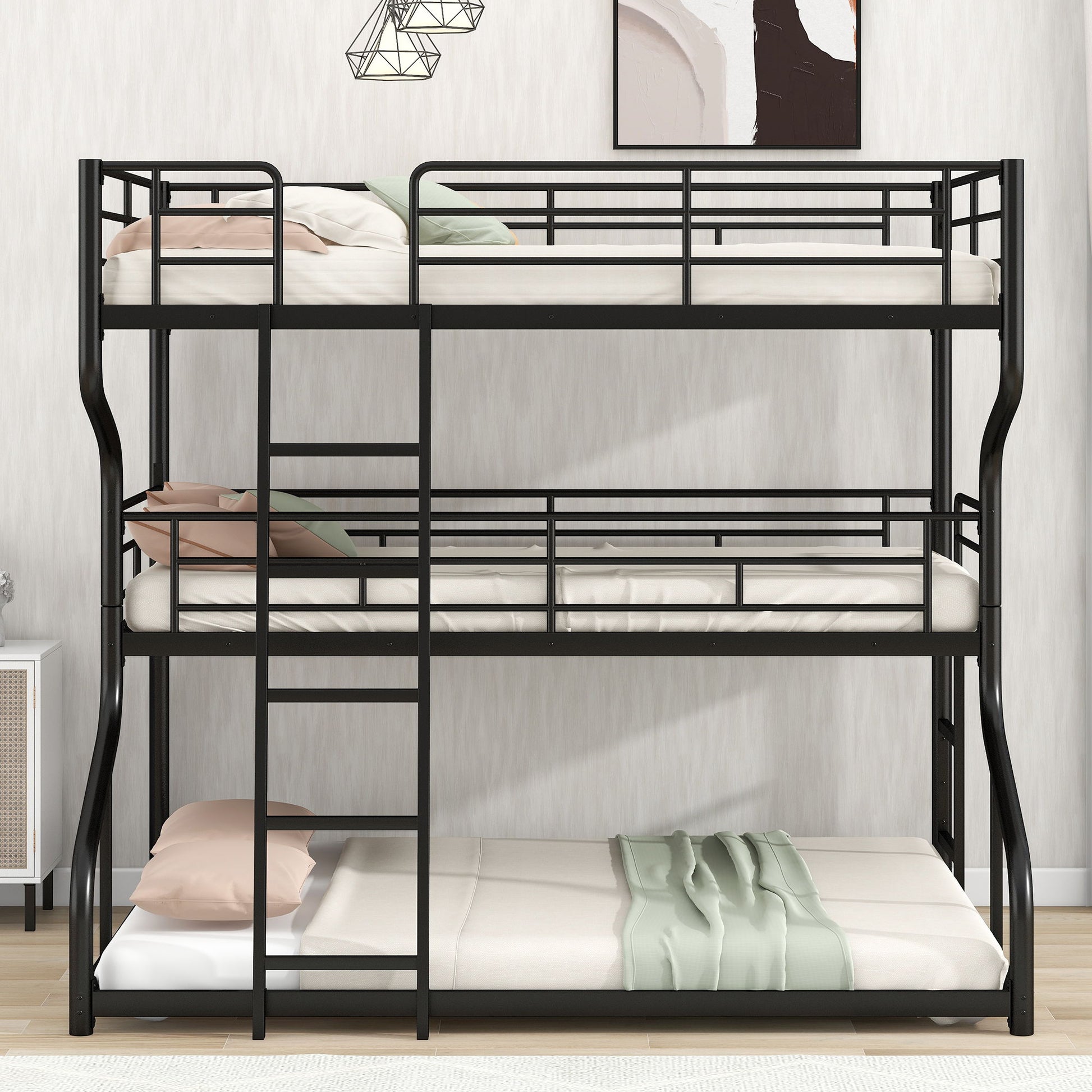 Industrial Triple Bunk Bed With Dual Ladders Frame, Space Saving Design - The Sleep Loft - Online Mattress Showroom NYC