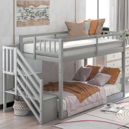 Twin Over Twin Floor Bunk Bed, Ladder With Storage - The Sleep Loft - Online Mattress Showroom NYC