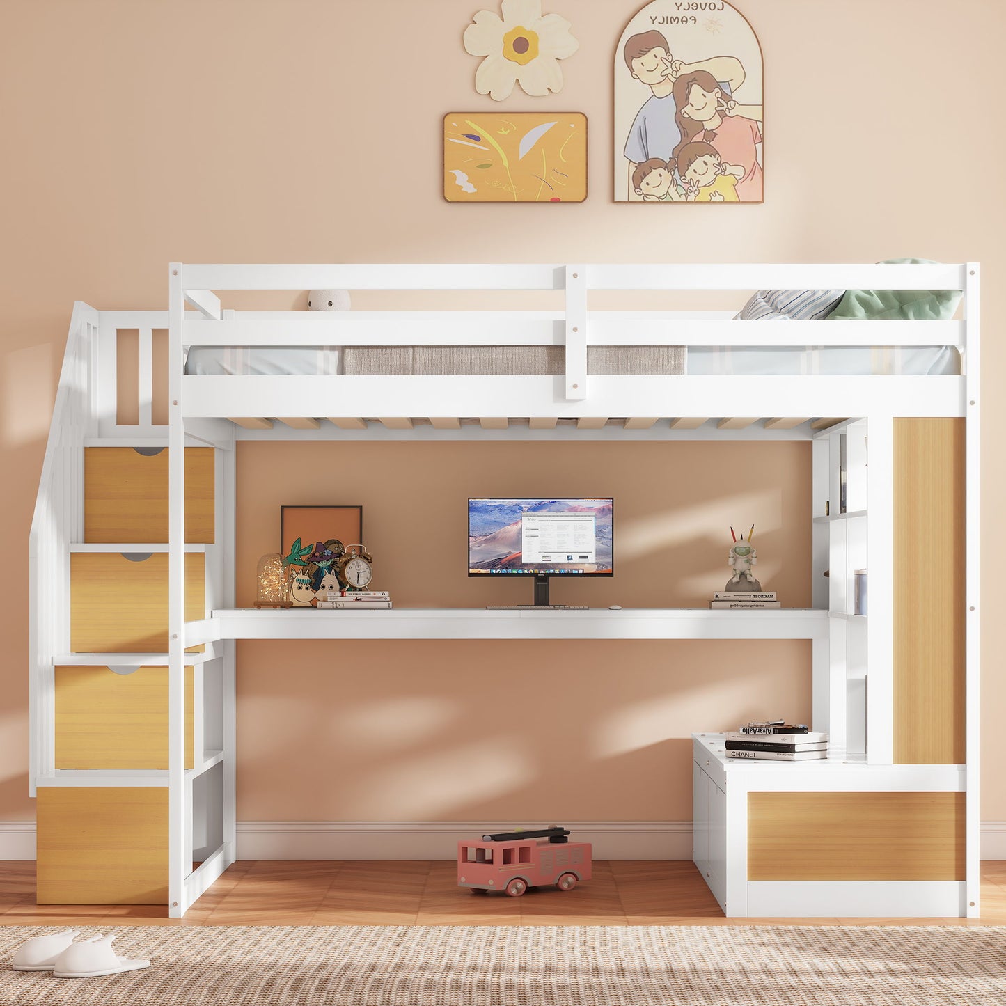 Full Size Loft Bed With Desk And Shelves, 2 Built In Drawers, Storage Staircase - Natural / White - The Sleep Loft - Online Mattress Showroom NYC