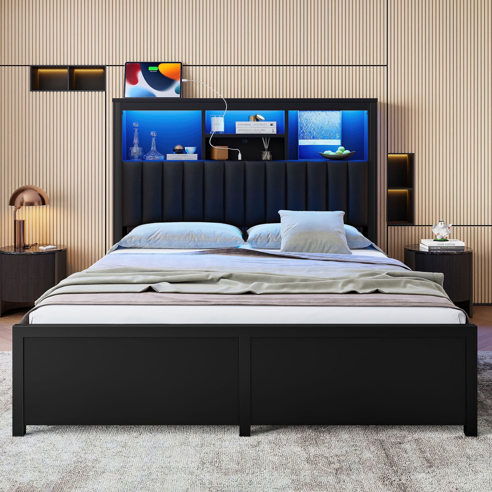 Bed Frame With High Storage Headboard, LED Light And Charging Station, 4 Storage Drawers - The Sleep Loft - Online Mattress Showroom NYC