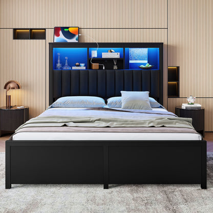 Bed Frame With High Storage Headboard, LED Light And Charging Station, 4 Storage Drawers - The Sleep Loft - Online Mattress Showroom NYC