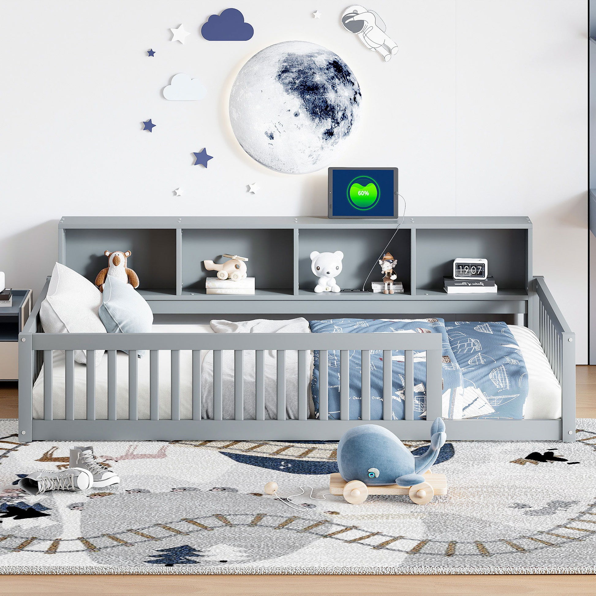 Twin Long Floor Bed With Storage Cabinets And USB Ports - Gray - The Sleep Loft - Online Mattress Showroom NYC
