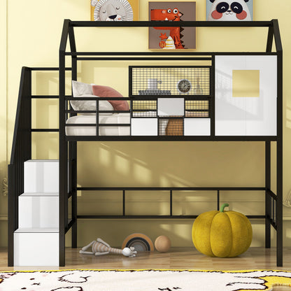 Metal Loft Bed With Roof Design And Storage Box With Guardrails And Integrated Ladder - The Sleep Loft - Online Mattress Showroom NYC