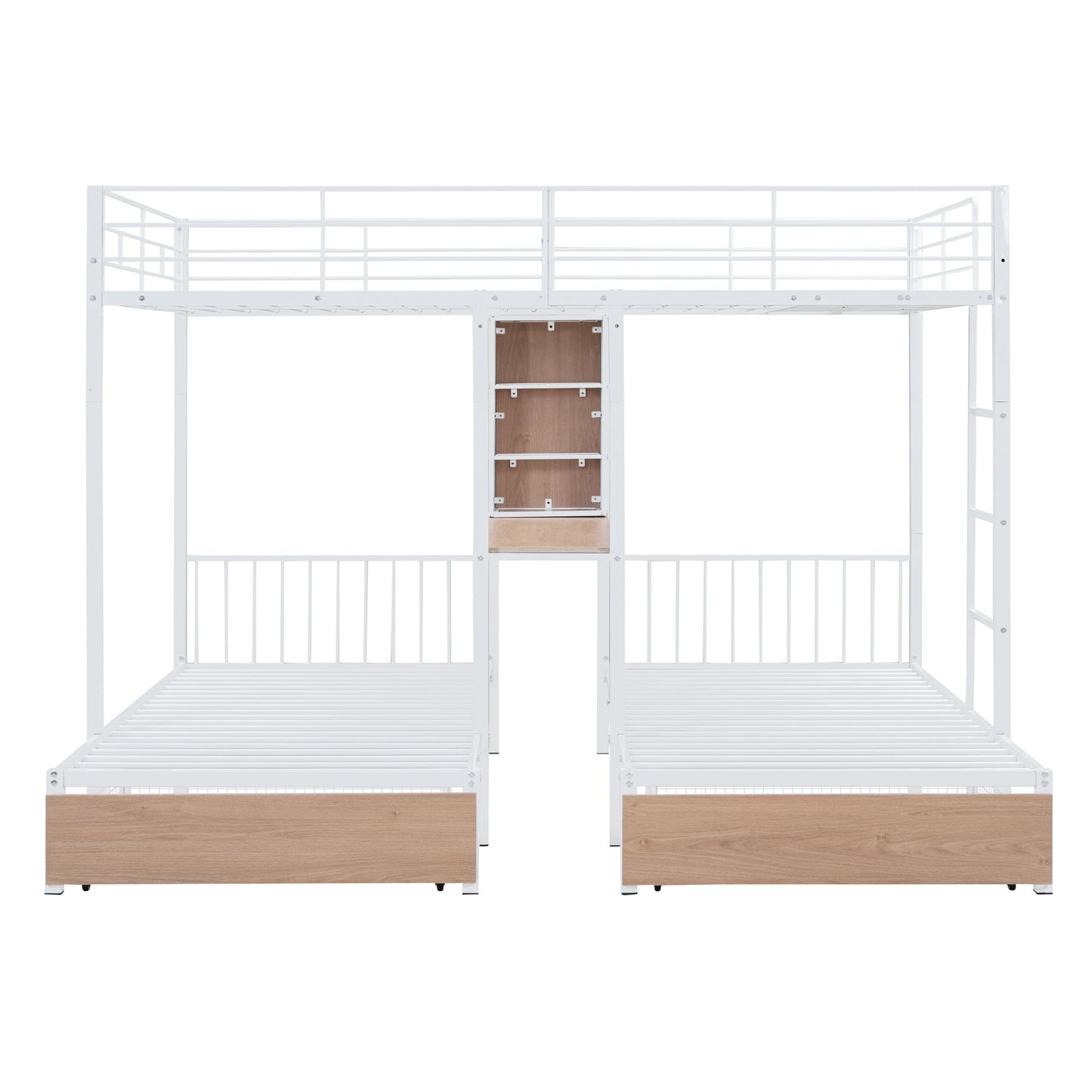 Triple Bunk Bed With Drawers, Multi-Functional Frame With Desks And Shelves In The Middle - The Sleep Loft - Online Mattress Showroom NYC