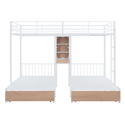 Triple Bunk Bed With Drawers, Multi-Functional Frame With Desks And Shelves In The Middle - The Sleep Loft - Online Mattress Showroom NYC