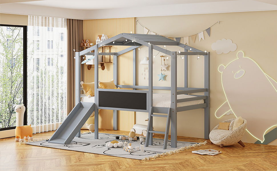 Loft House Bed With Ladder And Slide, With board And Light Strip On The Roof - The Sleep Loft - Online Mattress Showroom NYC