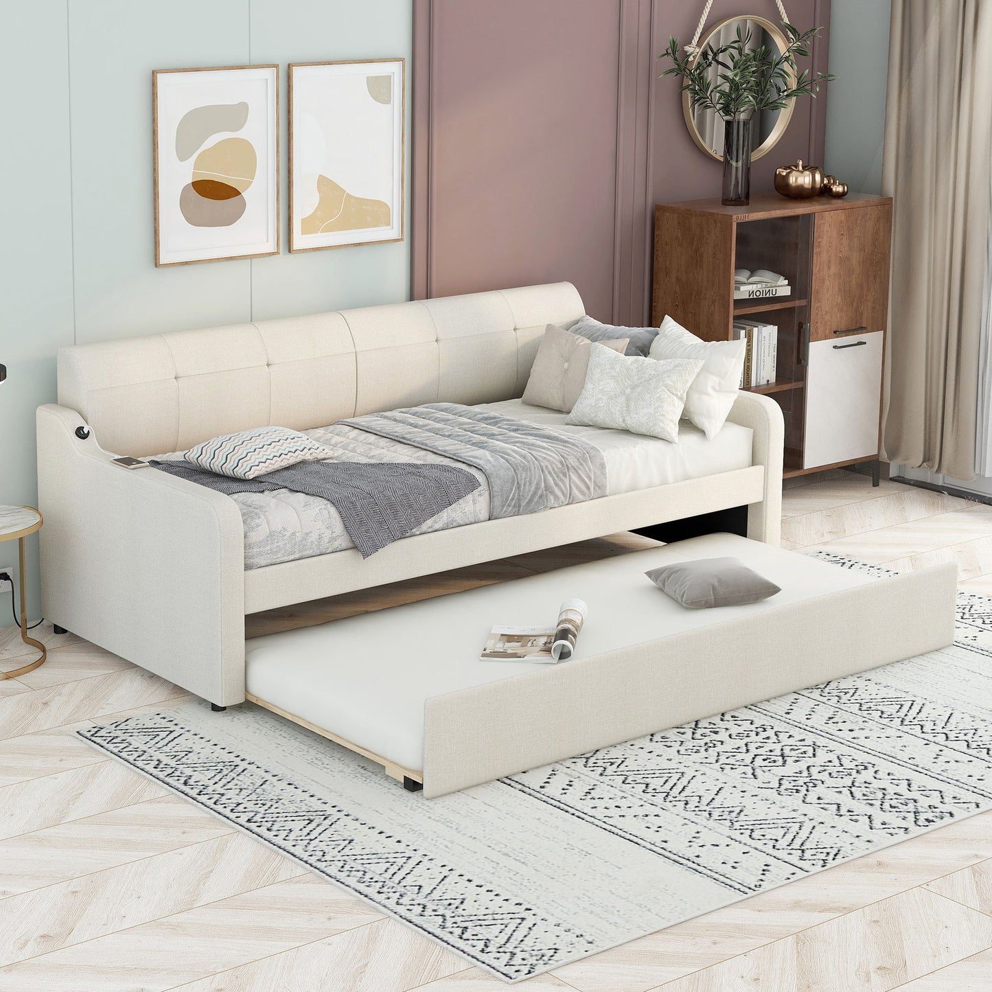 Upholstered Daybed With Trundle And USB Charging - The Sleep Loft - Online Mattress Showroom NYC