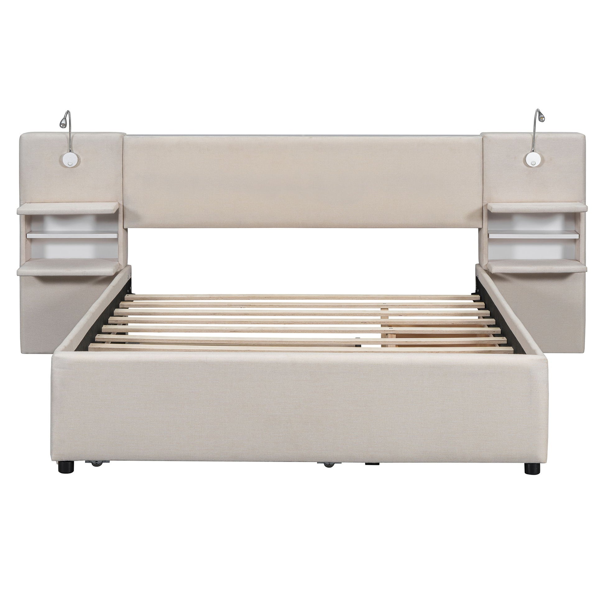 Upholstered Platform Bed With Reading Lights, Drawers, Trundle And Shelves - The Sleep Loft - Online Mattress Showroom NYC