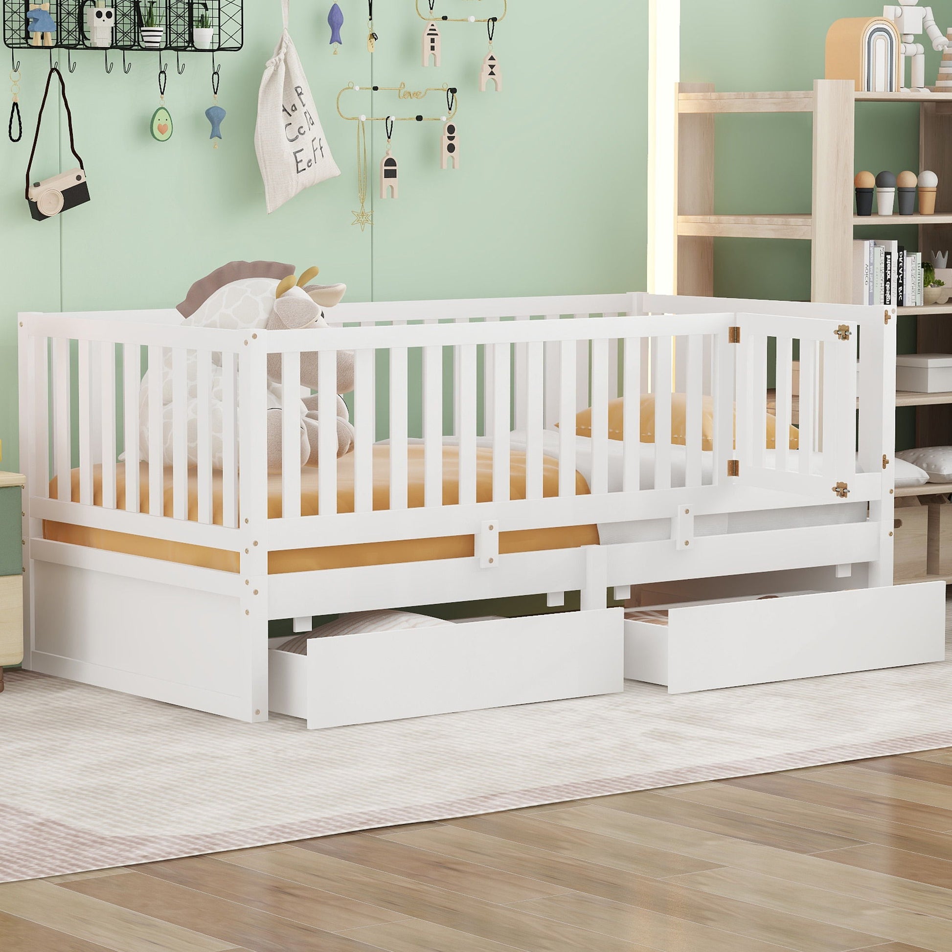 Daybed With Fence Guardrails And 2 Drawers, Split Into Independent Floor Bed & Daybed - The Sleep Loft - Online Mattress Showroom NYC
