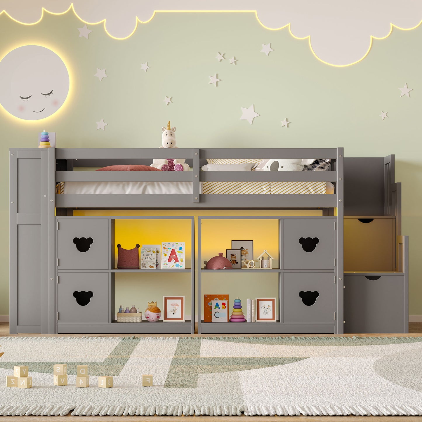 Loft Bed With Storage Cabinets, Staircase Drawers & LED Lights - The Sleep Loft - Online Mattress Showroom NYC