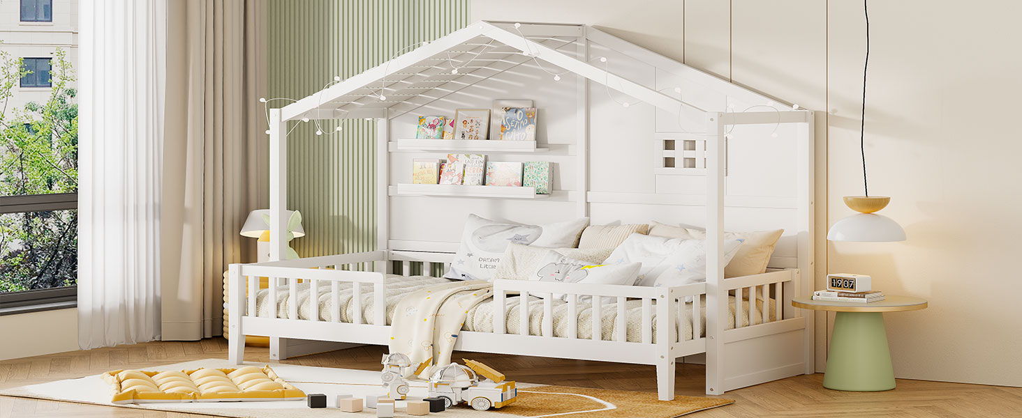 House Bed With Shelves, Window And Sparkling Light Strip On The Roof - The Sleep Loft - Online Mattress Showroom NYC