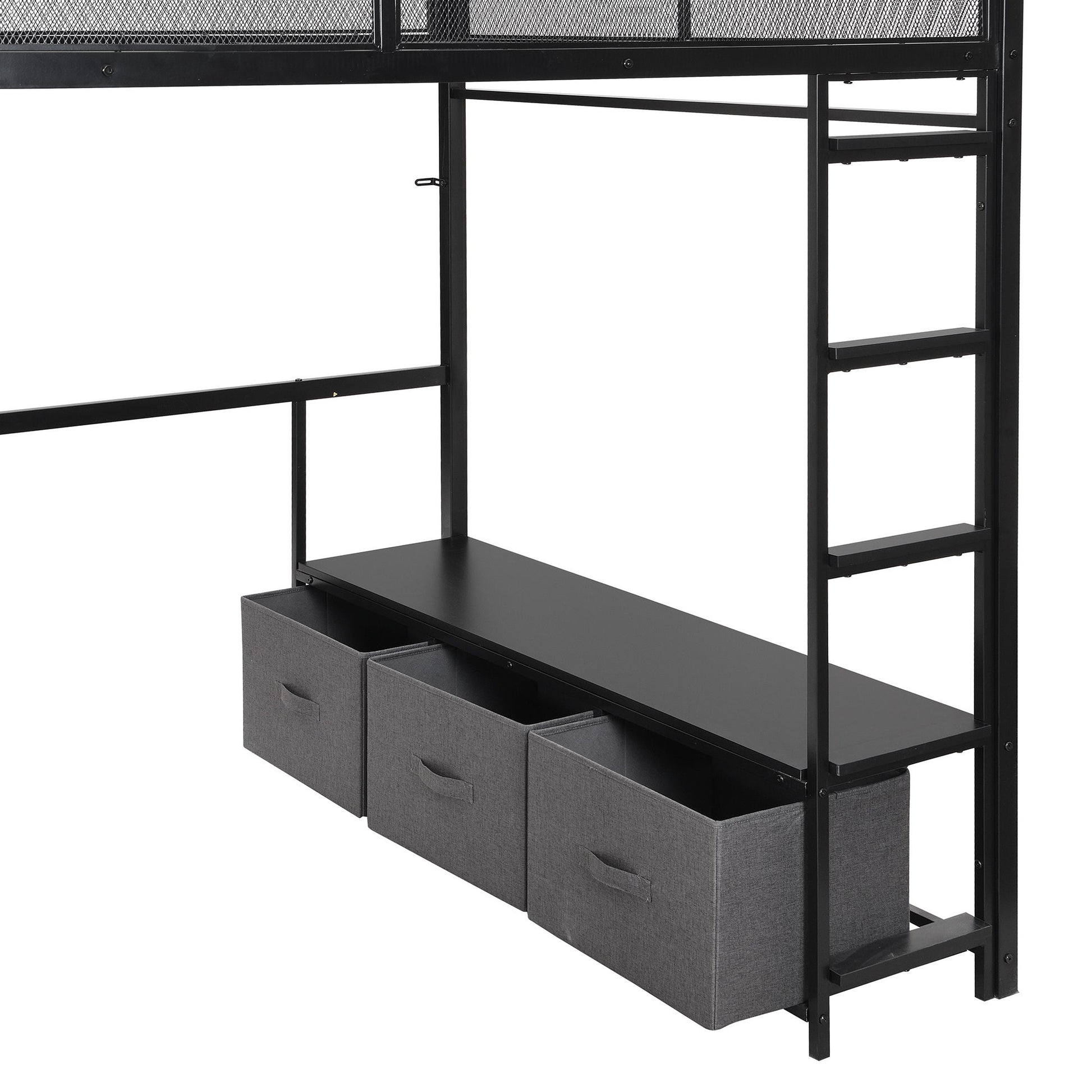 Full Size Gaming Loft Bed With LED Desk, Open Wardrobe, 3 Linen Storage Drawers - Black - The Sleep Loft - Online Mattress Showroom NYC