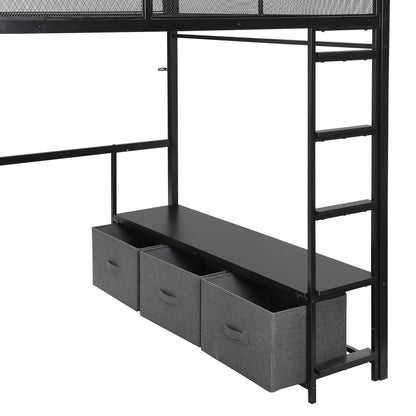 Full Size Gaming Loft Bed With LED Desk, Open Wardrobe, 3 Linen Storage Drawers - Black - The Sleep Loft - Online Mattress Showroom NYC