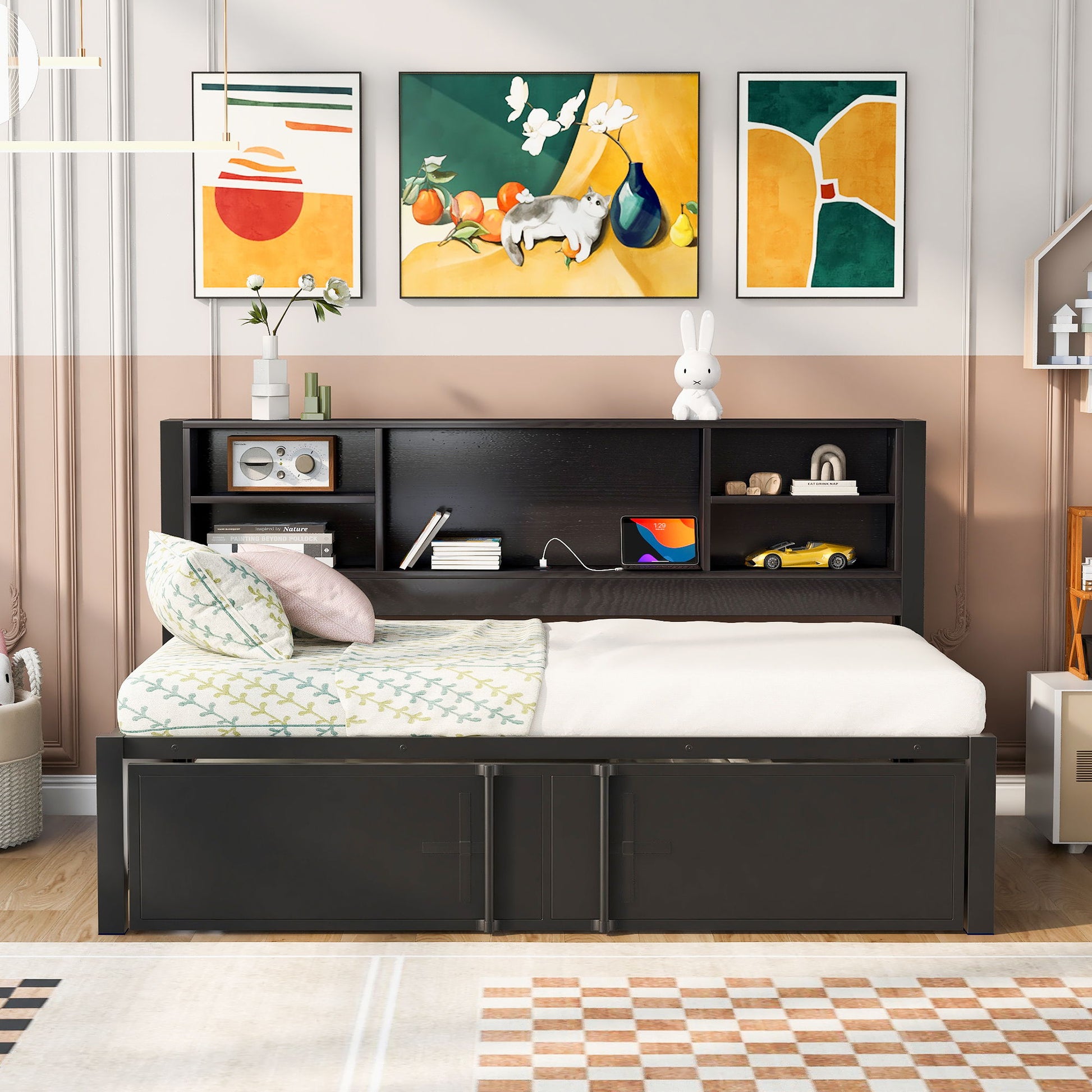 Industrial Metal Daybed With Trundle, Storage Shelves, USB Ports - The Sleep Loft - Online Mattress Showroom NYC