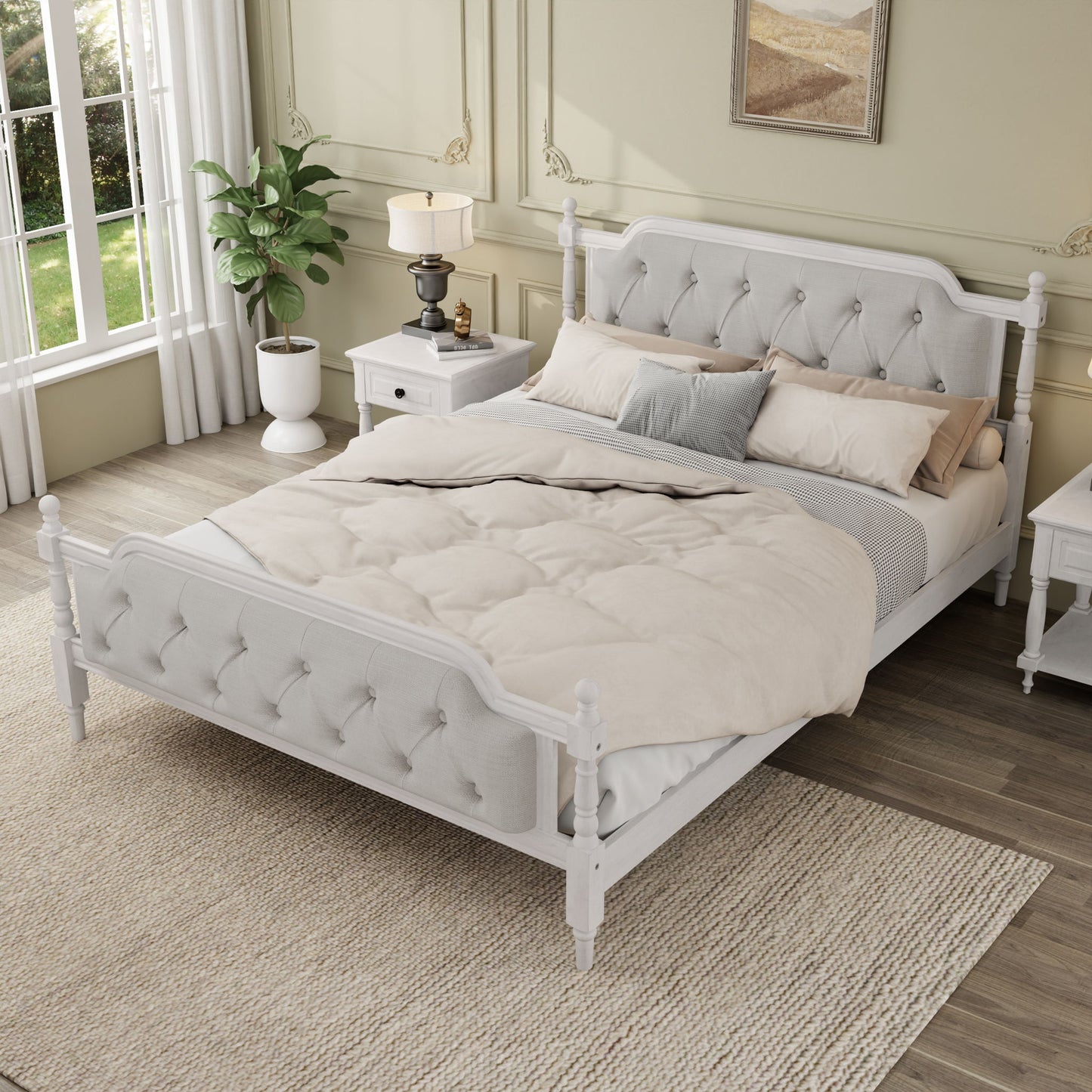 Traditional Style Solid Bed Frame With Upholstered Tufted Headboard, No Box Spring Needed - The Sleep Loft - Online Mattress Showroom NYC