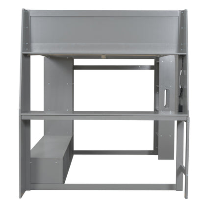 Full Size Gaming Loft Bed With Desk, Multi Storage Shelves, LED Lighting, And Hanging Clothes Rack - Gray - The Sleep Loft - Online Mattress Showroom NYC