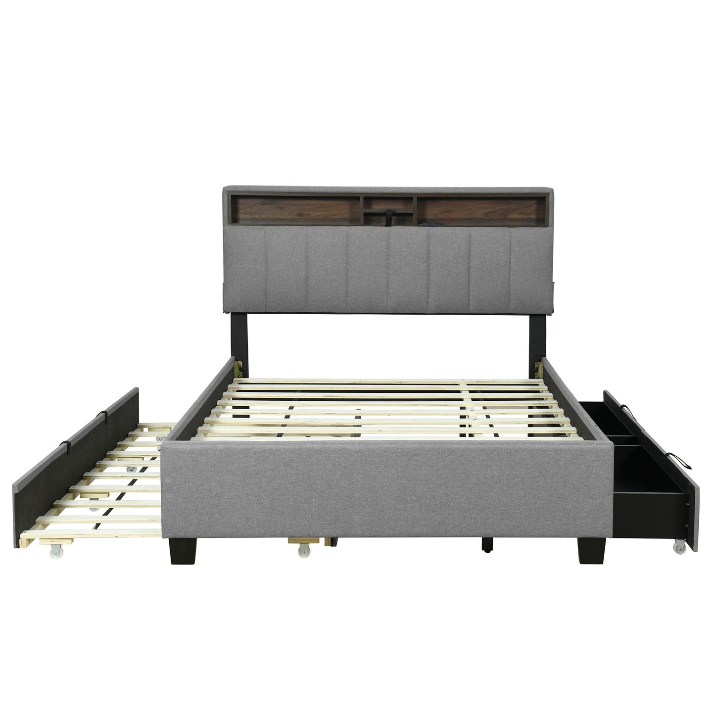 Upholstered Platform Bed With Storage Headboard, Trundle & 2 Drawers And A Set Of Sockets & USB Ports - The Sleep Loft - Online Mattress Showroom NYC