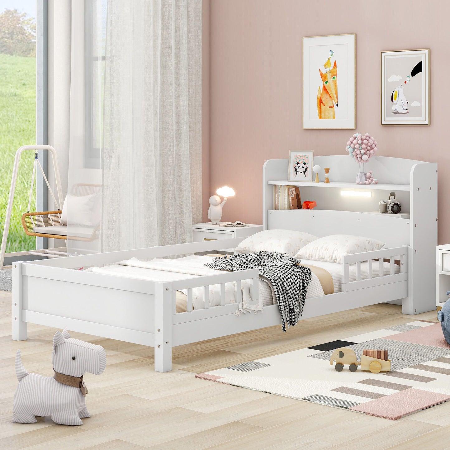 Wood Platform Bed With Built In LED Light, Storage Headboard And Guardrail - The Sleep Loft - Online Mattress Showroom NYC