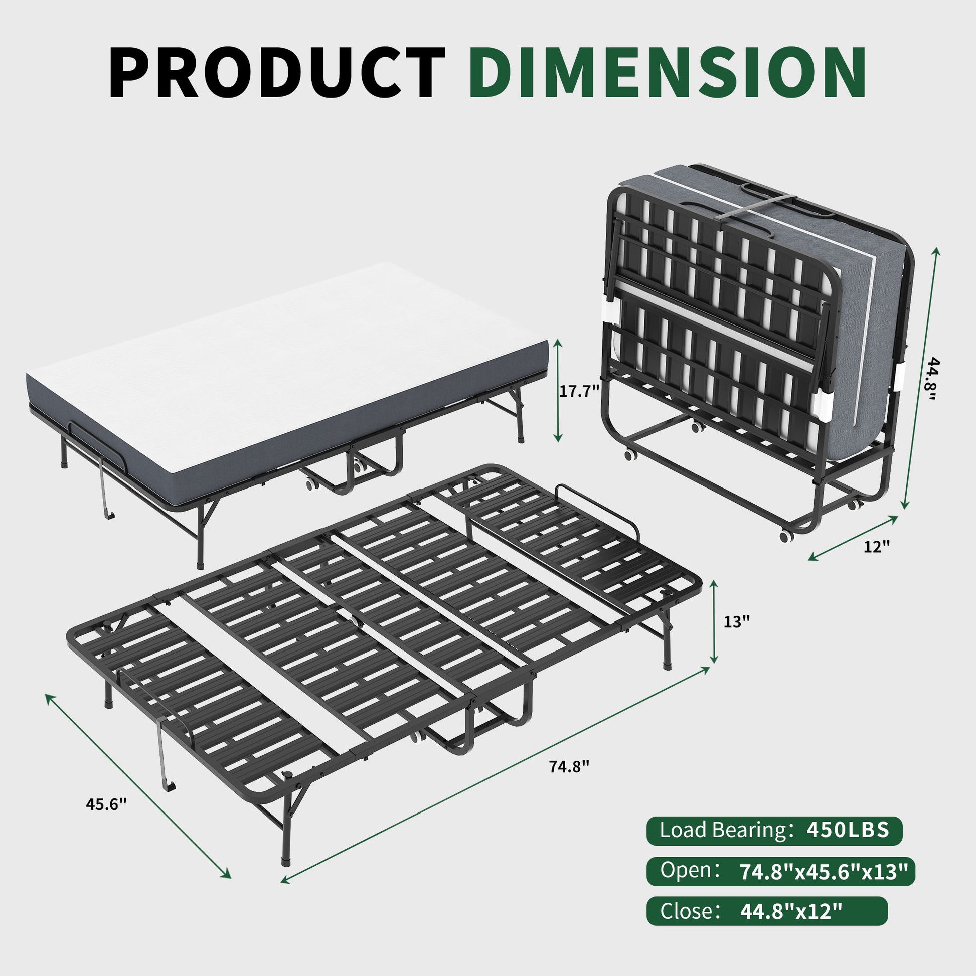 Twin Wide Folding Bed For Tall People, Extra Long & Wide Rollaway With Memory Foam, Heavy-Duty - Black - The Sleep Loft - Online Mattress Showroom NYC
