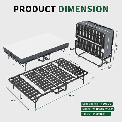 Twin Wide Folding Bed For Tall People, Extra Long & Wide Rollaway With Memory Foam, Heavy-Duty - Black - The Sleep Loft - Online Mattress Showroom NYC