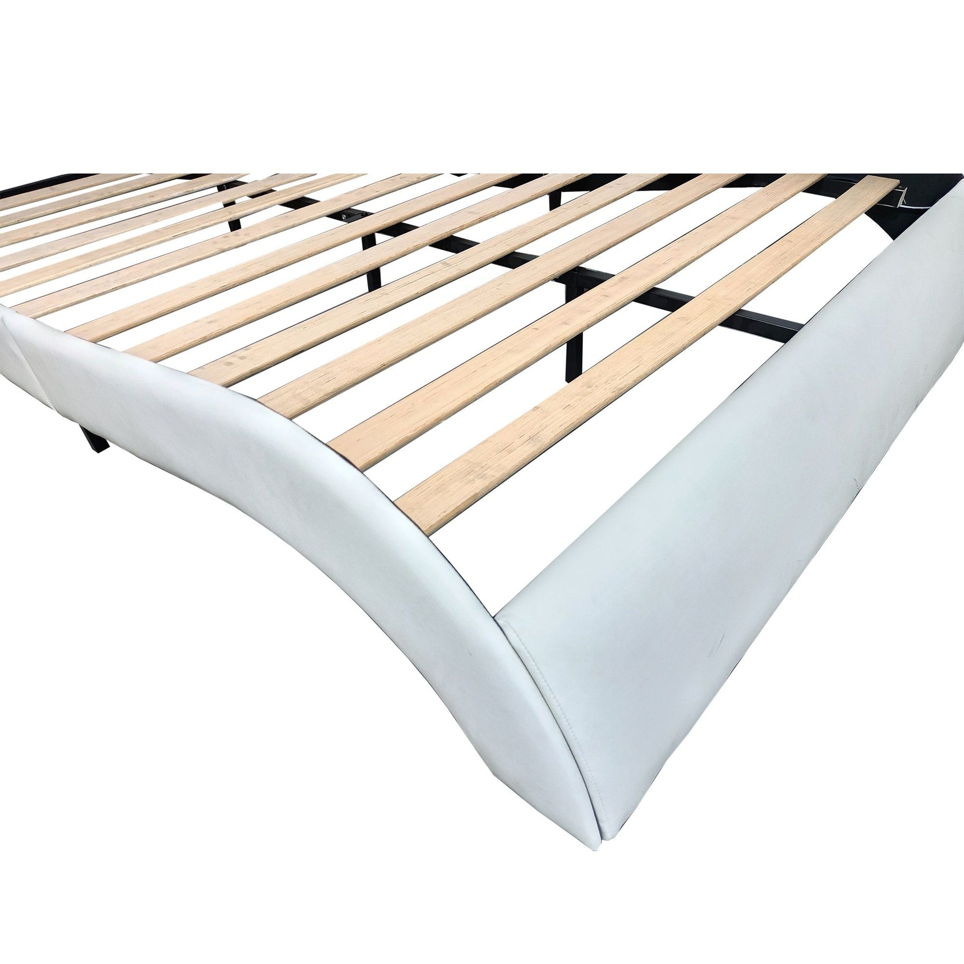 Upholstered Platform Bed Frame With LED Lighting, Bluetooth Connection To Play Music Control, Backrest Vibration Massage, Curve Design, Wood Slat Support, Exhibited Speakers - The Sleep Loft - Online Mattress Showroom NYC