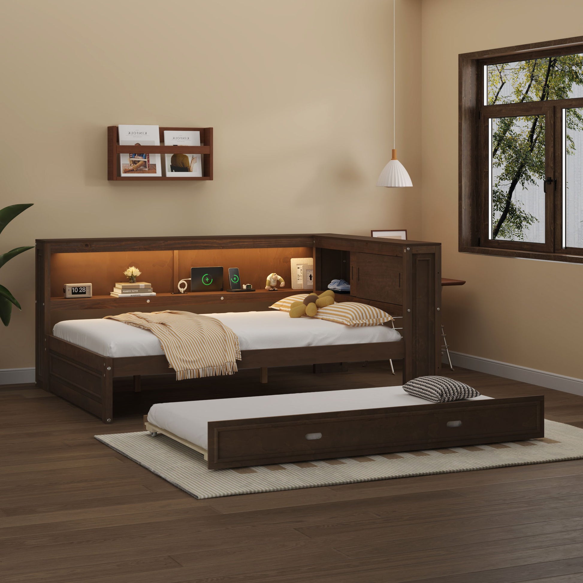 Daybed With Storage Shelves, LED, USB, And Trundle - The Sleep Loft - Online Mattress Showroom NYC