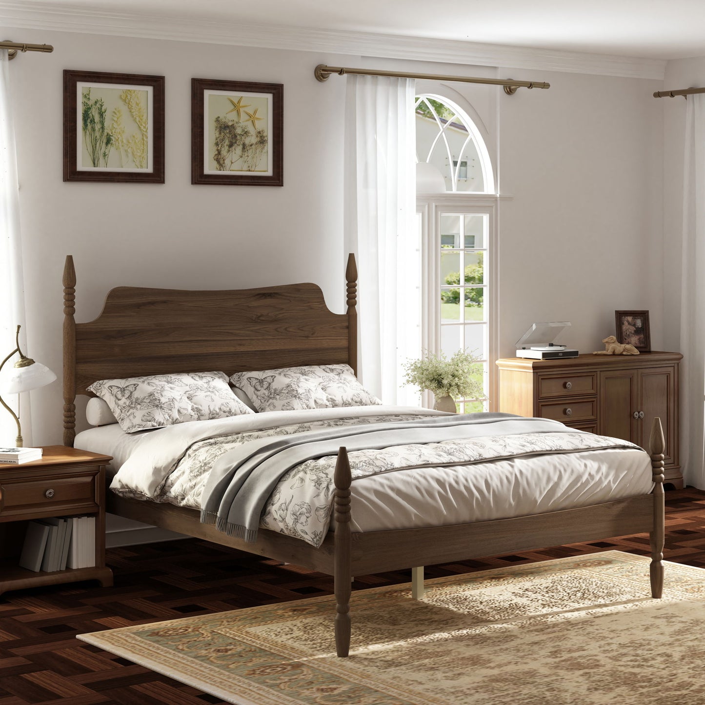 Retro 4 Poster Platform Bed Frame With Curved Tall Headboard