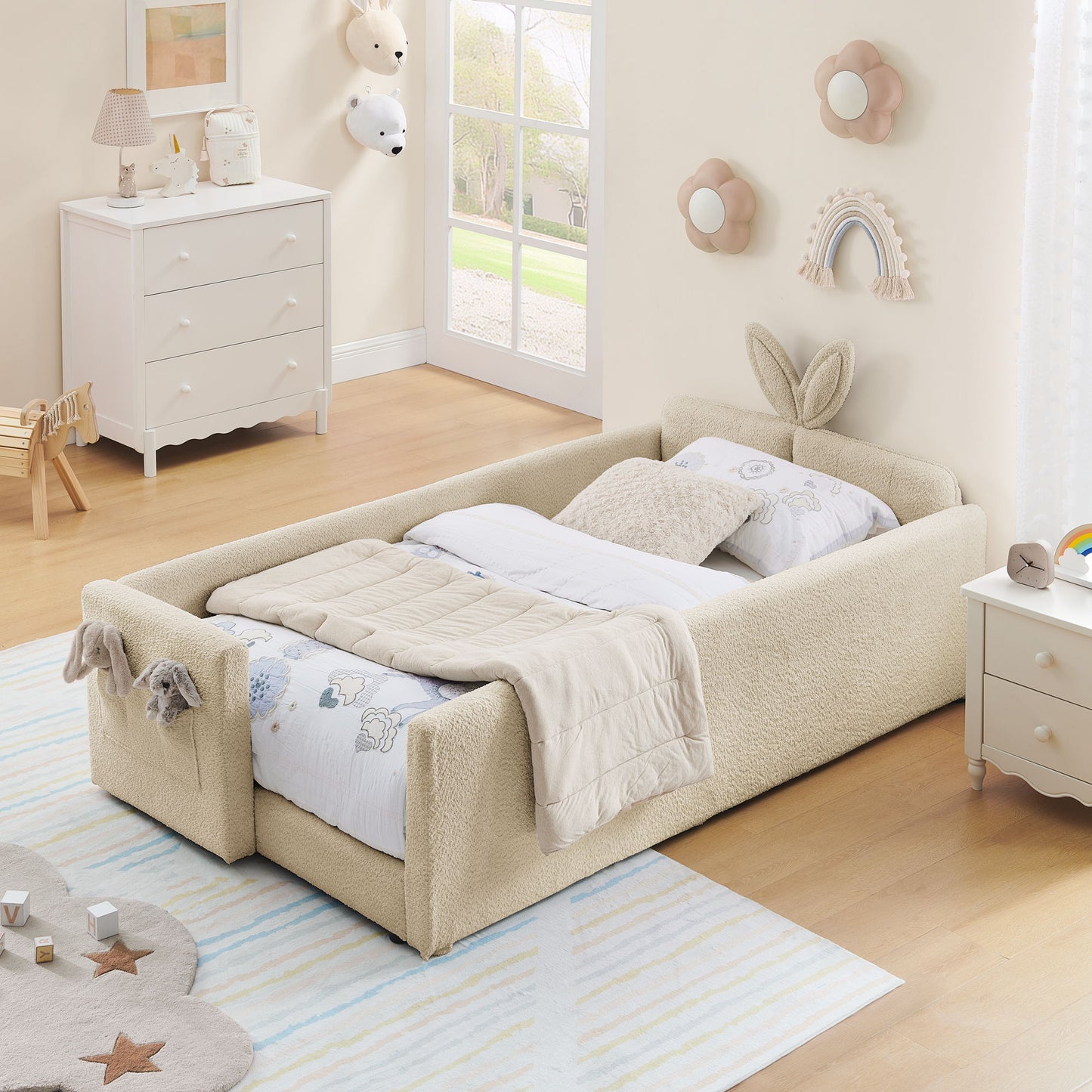 Cute Rabbit Ear Upholstered Platform Bed Frame With Safety Rail - The Sleep Loft - Online Mattress Showroom NYC