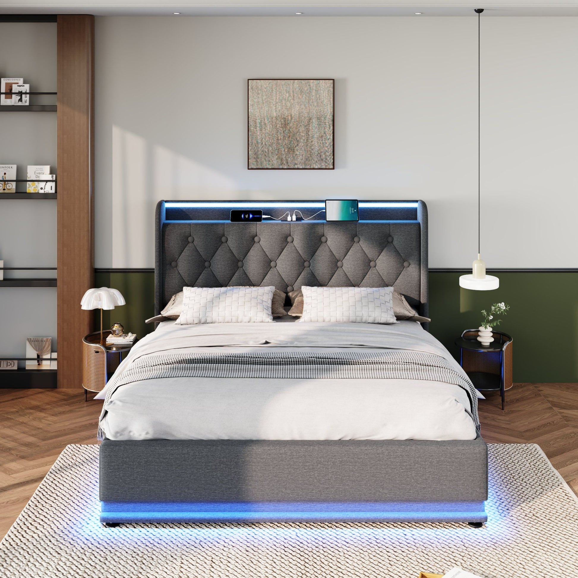 Upholstered Bed, 360 Surround LED Function, Remote Control, Hydraulic Storage Bed With USB, Type-C Charging (Without Mattress) - The Sleep Loft - Online Mattress Showroom NYC