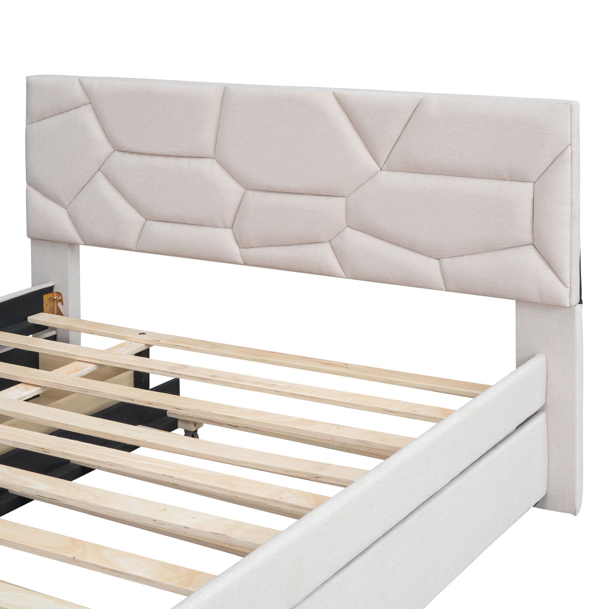 Upholstered Platform Bed With Brick Pattern Headboard And Twin Long Size Trundle - The Sleep Loft - Online Mattress Showroom NYC
