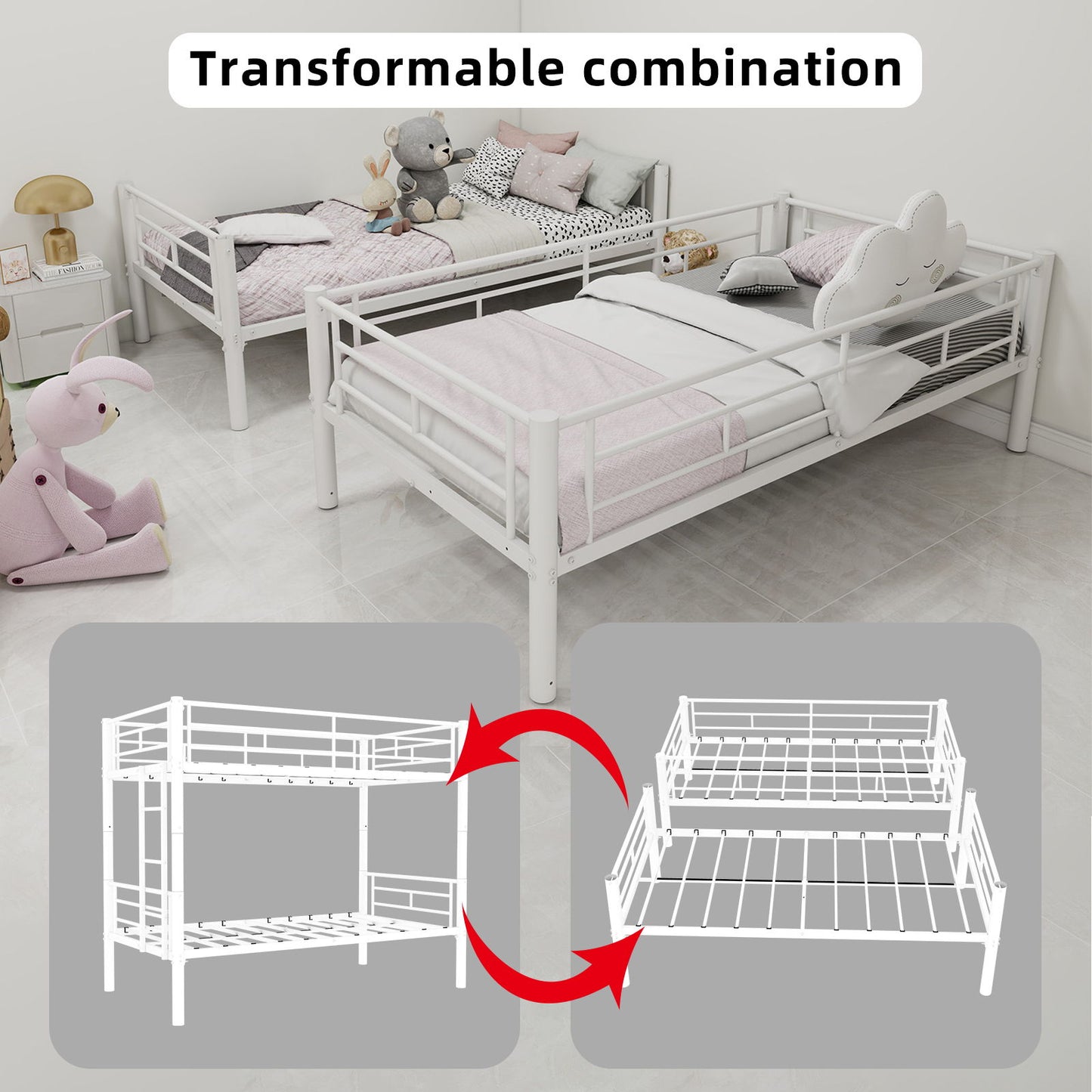 Metal Bunk Bed For Kids, Convertible Bedframe With Ladders & Guardrail - The Sleep Loft - Online Mattress Showroom NYC