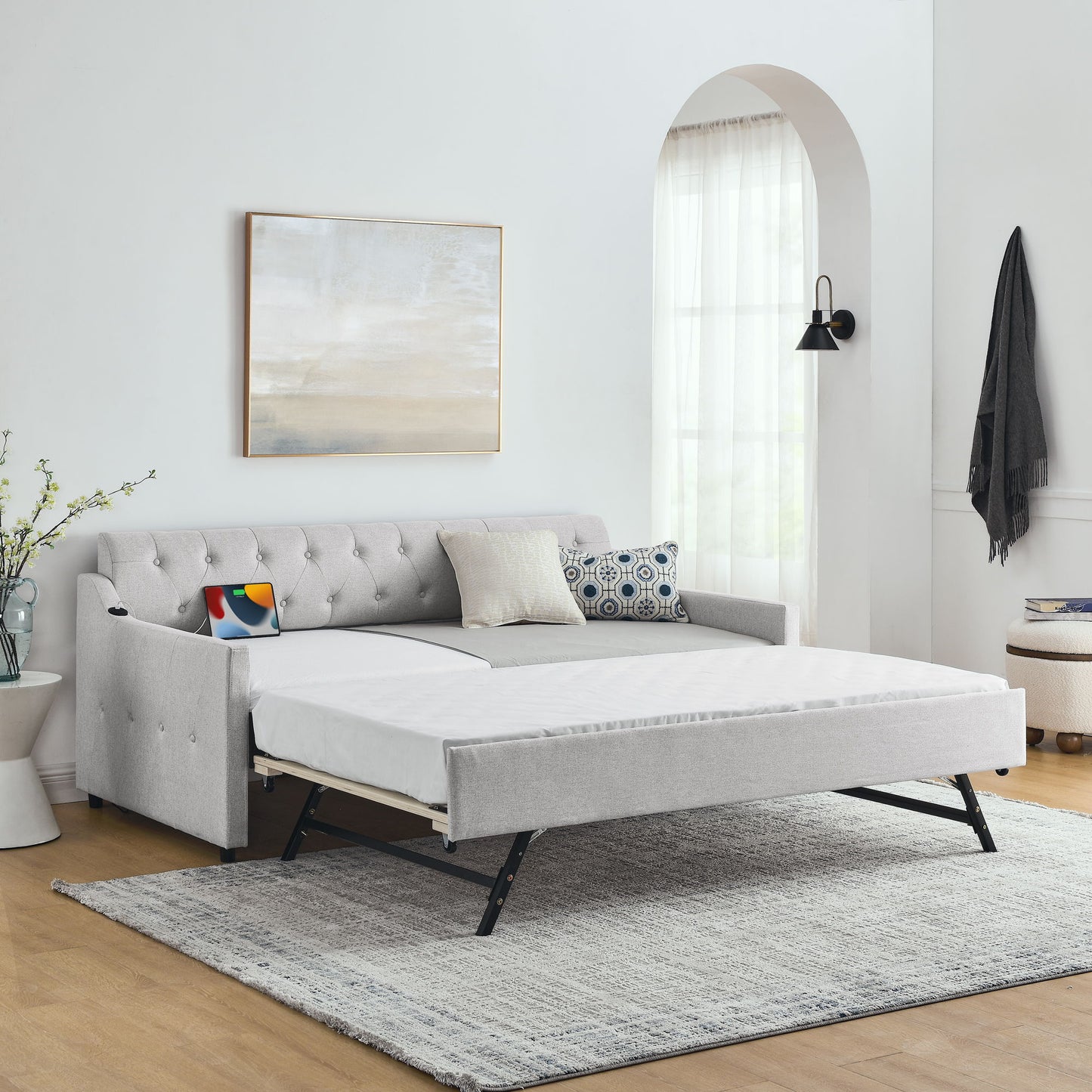 Size Upholstered Daybed With Trundle And USB Charging Armrest - The Sleep Loft - Online Mattress Showroom NYC