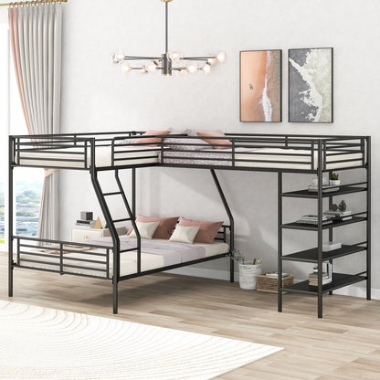 L-Shaped Twin Over Full Bunk Bed And Twin Loft Bed With 4 Built In Shelves - Black - The Sleep Loft - Online Mattress Showroom NYC
