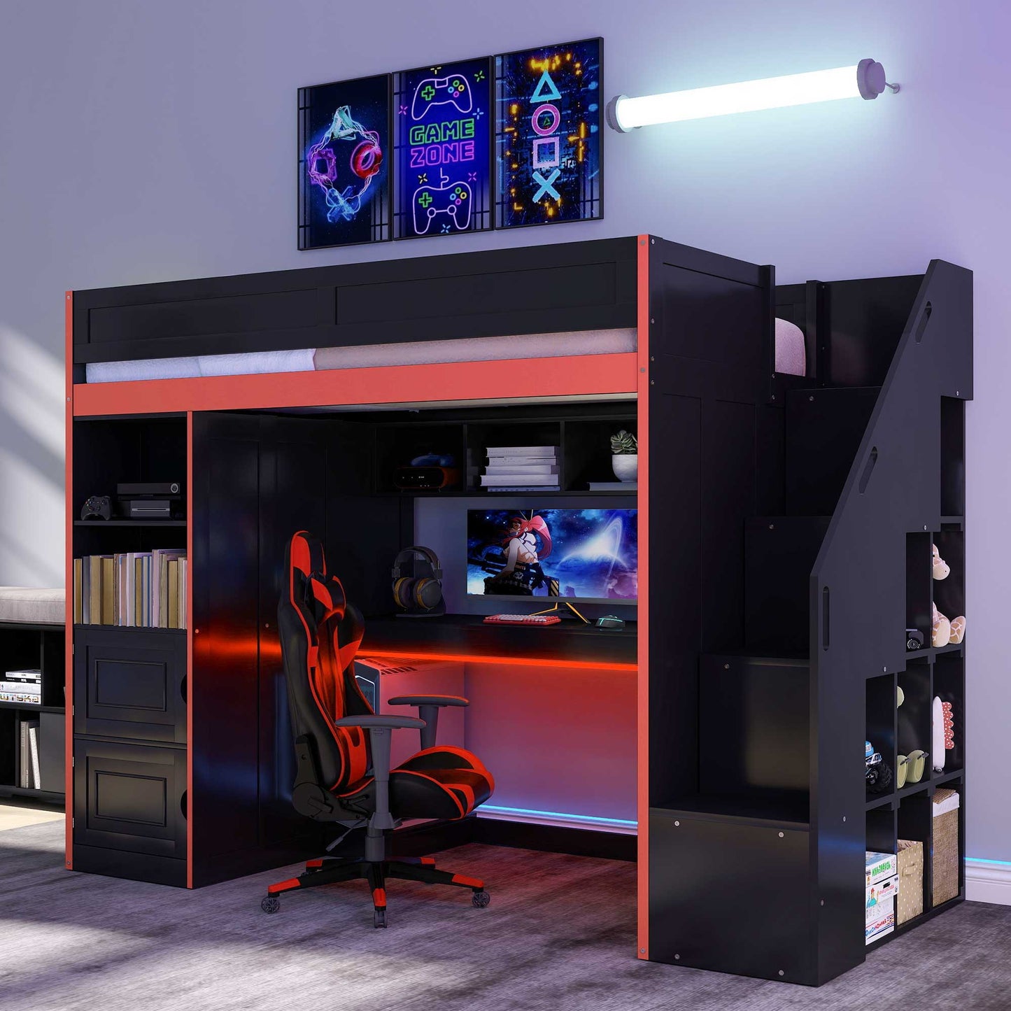 Gaming Loft Bed With Desk And Storage, LED Lights - The Sleep Loft - Online Mattress Showroom NYC
