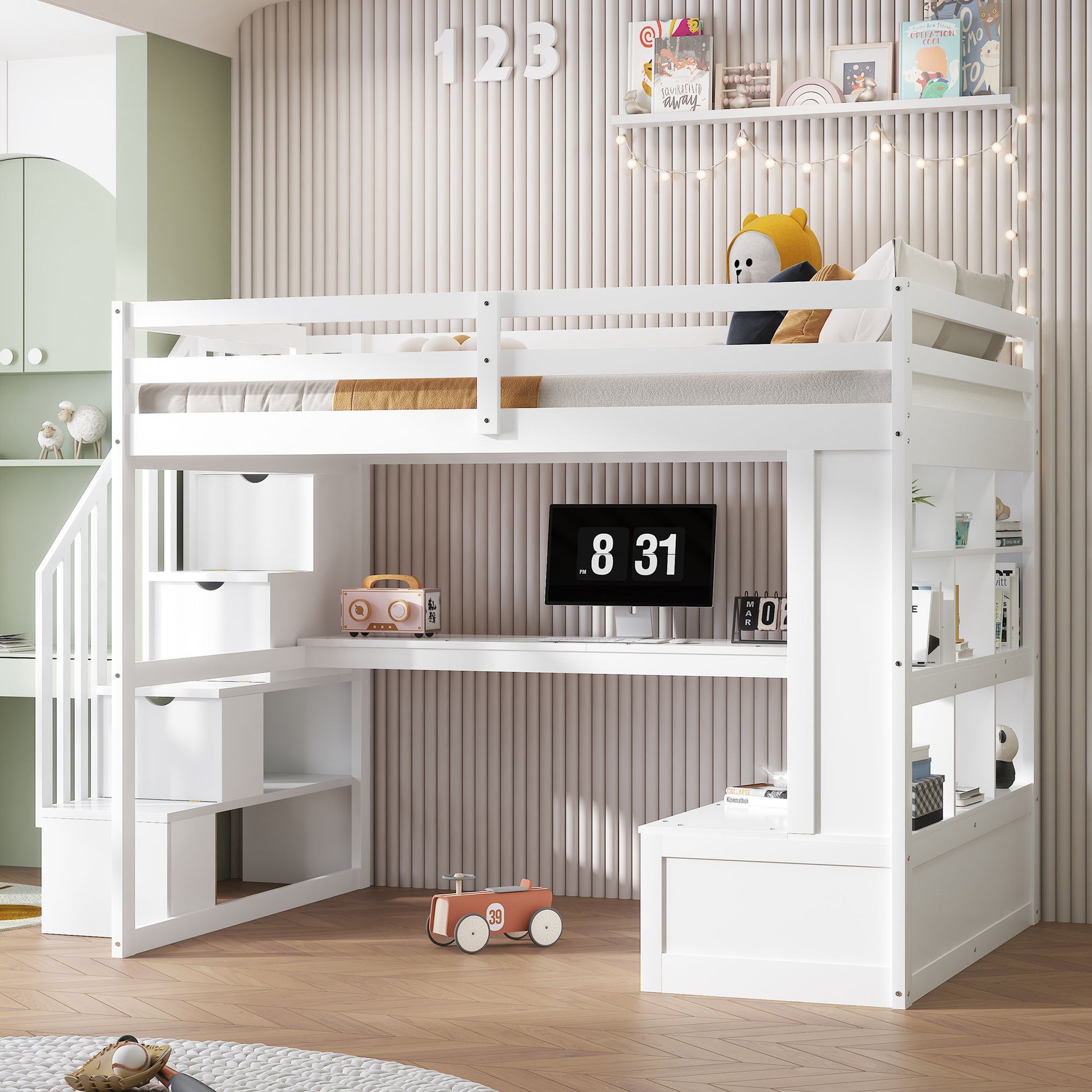 Full Size Loft Bed With Desk And Shelves, 2 Built In Drawers, Storage Staircase - White - The Sleep Loft - Online Mattress Showroom NYC
