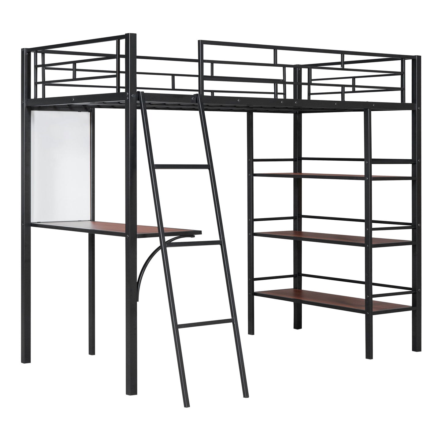 Loft Metal Bed With 3 Layers Of Shelves And Desk, Stylish Metal Frame Bed With board - The Sleep Loft - Online Mattress Showroom NYC