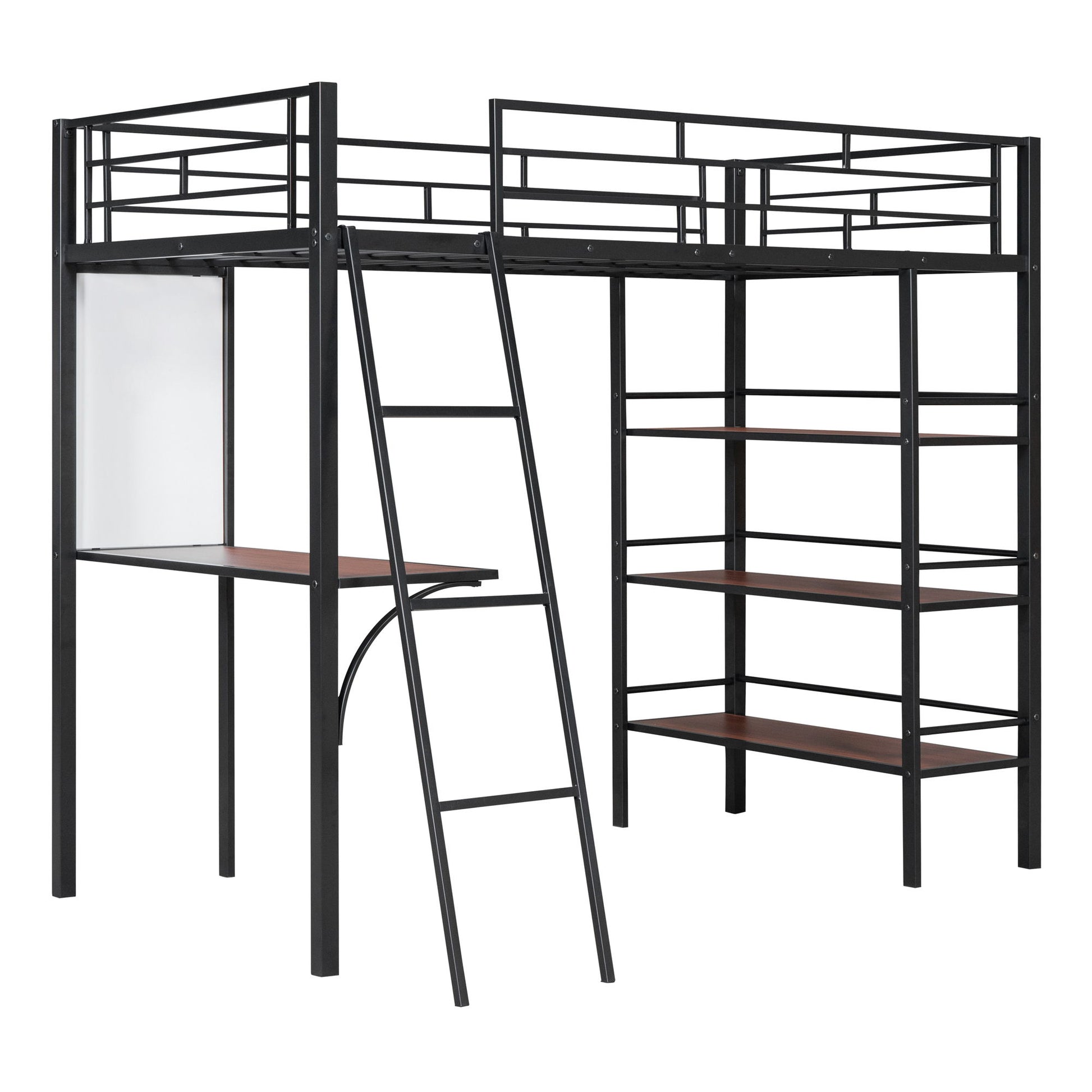 Loft Metal Bed With 3 Layers Of Shelves And Desk, Stylish Metal Frame Bed With board - The Sleep Loft - Online Mattress Showroom NYC